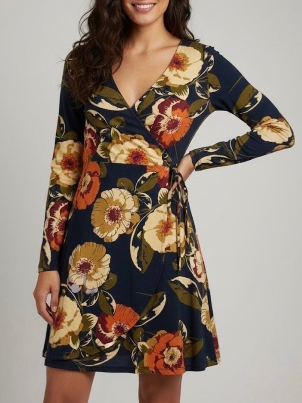 Altar'd State Navy Moody Floral Faux Wrap V-Neck Long Sleeve Mini Dress S